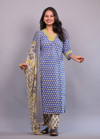 Blue Handblock printed Pure Mul Cotton with chiffon Duppatta 3 piece suit (stitched)