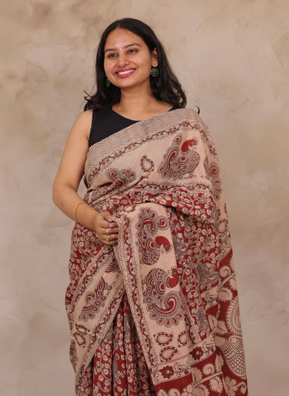 Cream Kalamkari Cotton Saree