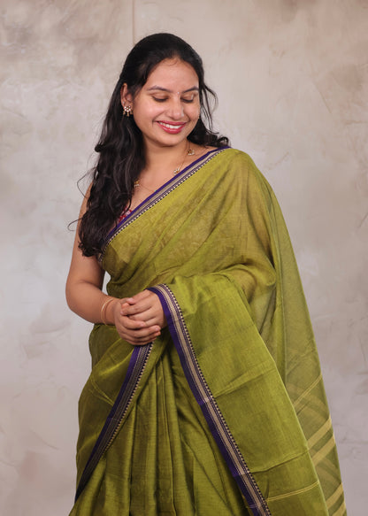 Parrot Green Narayanpet Cotton Saree | Looms & Tassels