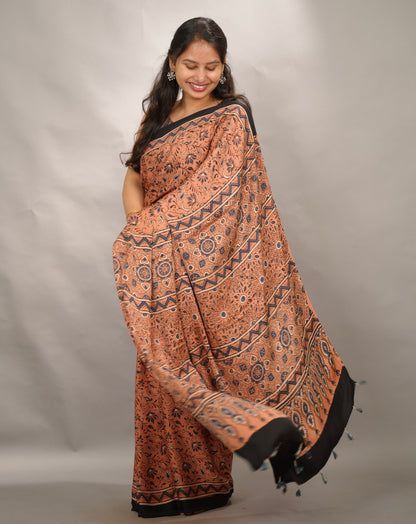 Peach Authentic Ajrakh Handblock Printed Modal Silk Saree | Looms & Tassels
