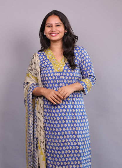 Blue Handblock printed Pure Mul Cotton with chiffon Duppatta 3 piece suit (stitched)