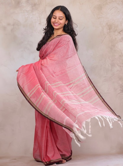 Onion Pink Narayanpet Cotton Saree with Ikkat Blouse Piece | Looms & Tassels