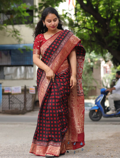 Checks Contemporary Ajrakh Dola Silk Saree
