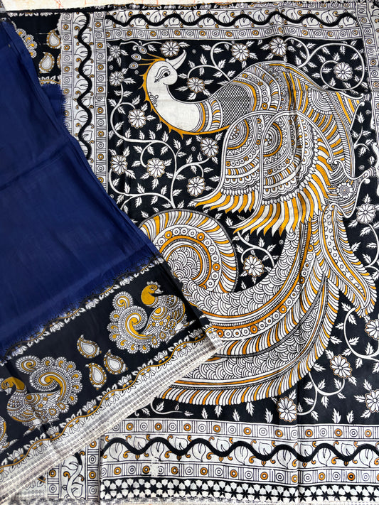 Blue Kalamkari dyeing premium chennur silk saree
