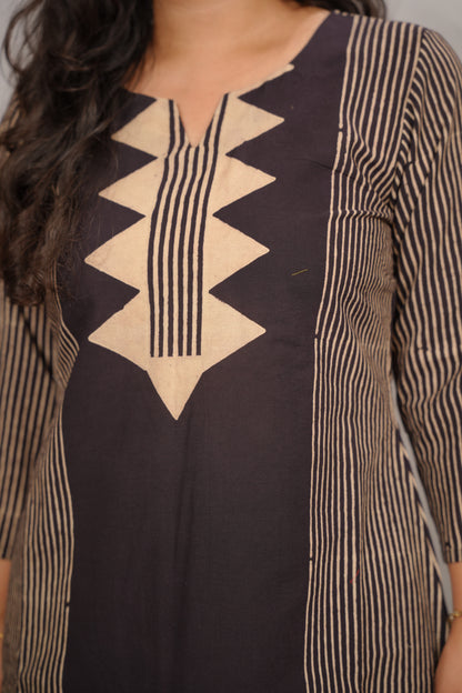 Black Ajrakh Pattern Hand Block printed Kurti | Looms & Tassels