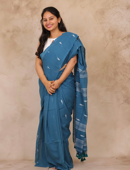 Blue Handwoven Malai Cotton Saree| Looms & Tassels