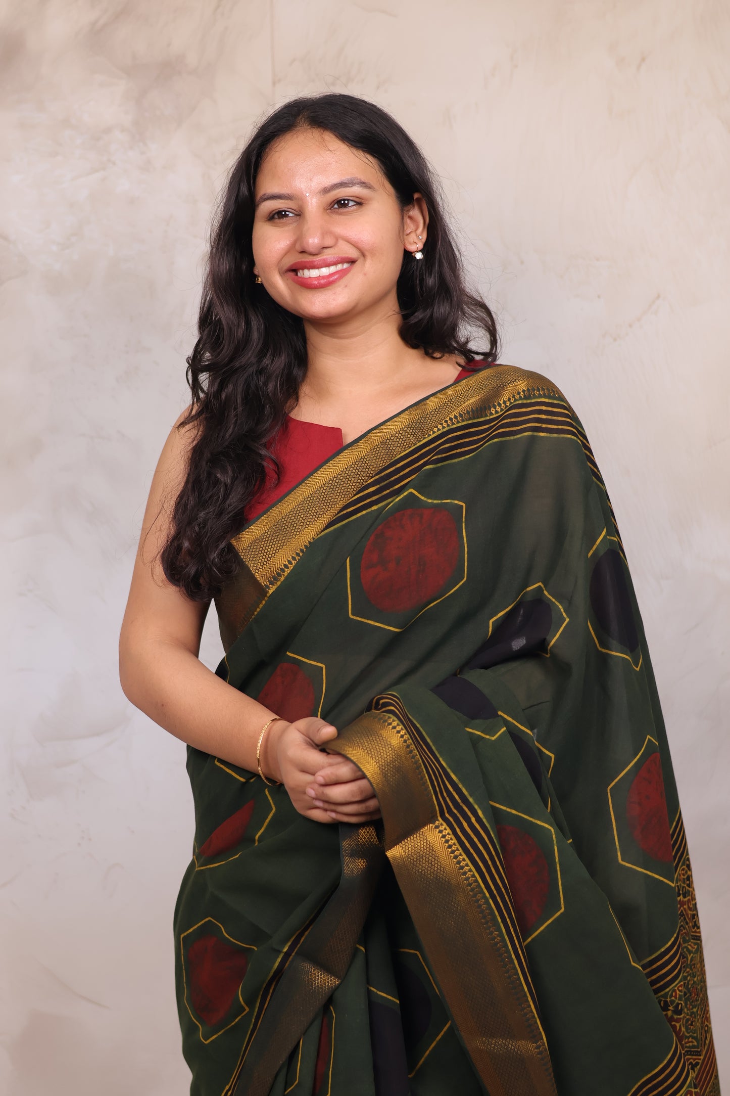 Green Ajrakh Hand Block Printed Mangalagiri Cotton Saree | Looms & Tassels