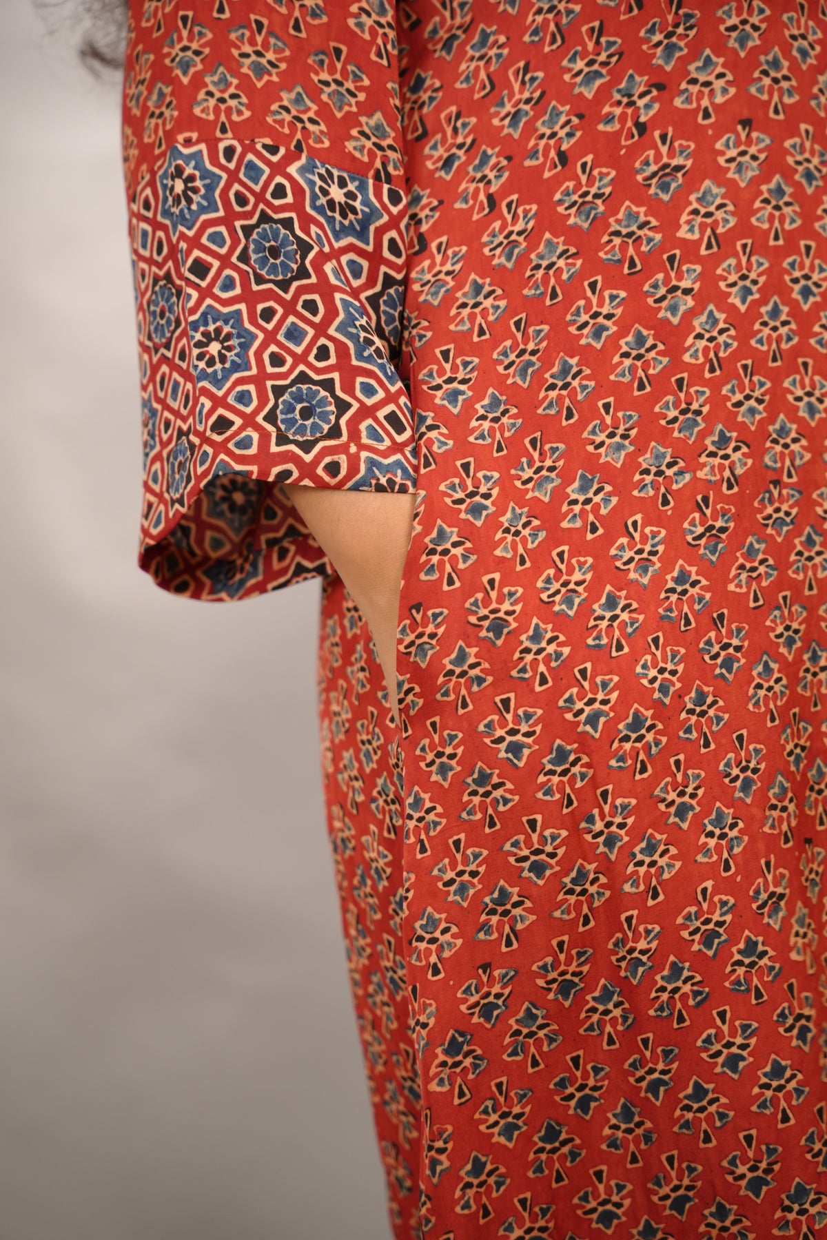 Red Ajrakh Modal Silk Aline Shirt Dress | Looms & Tassels