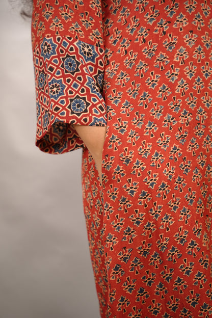 Red Ajrakh Modal Silk Aline Shirt Dress | Looms & Tassels