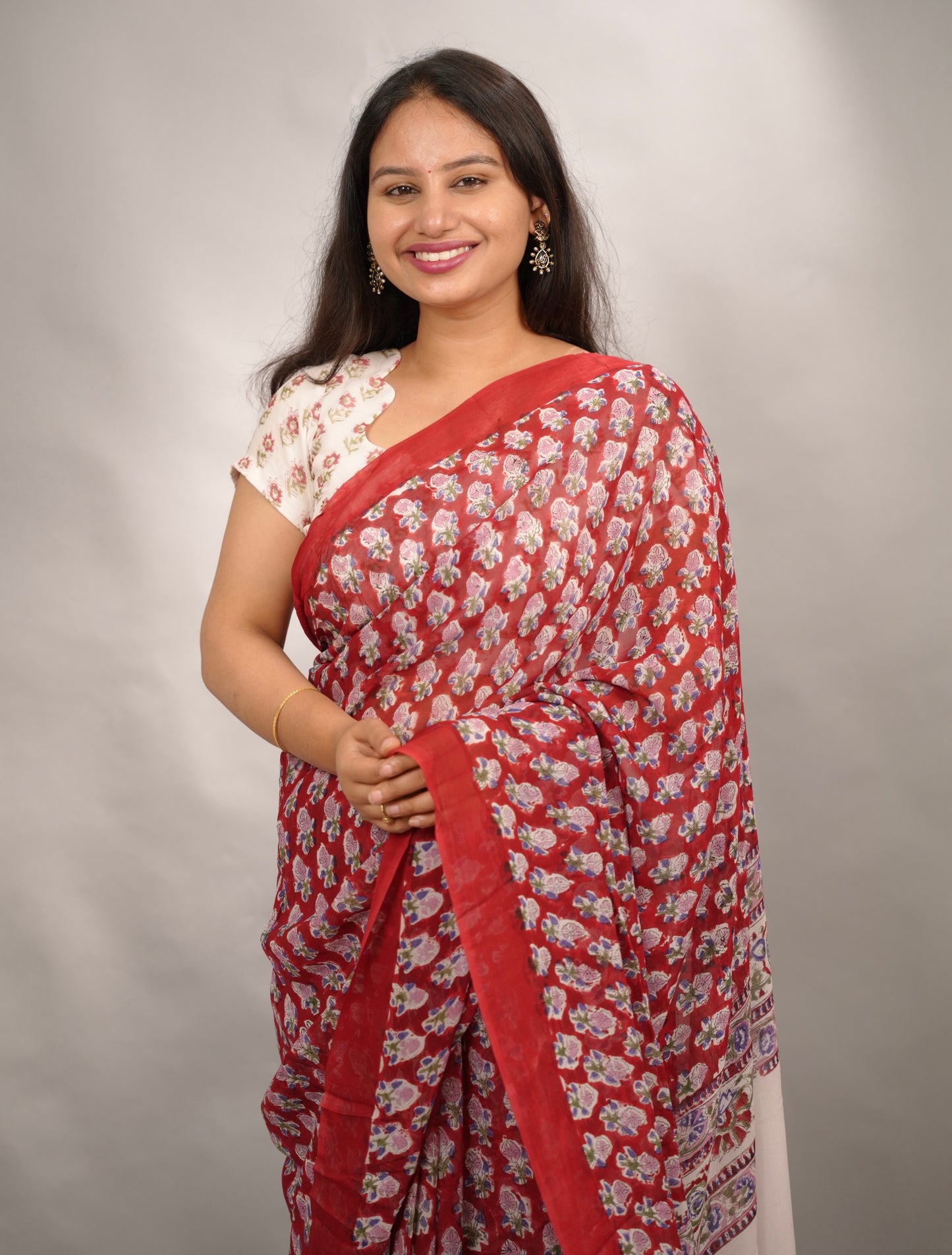 Maroon Georgette Hand Block Printed Saree| Looms & Tassels
