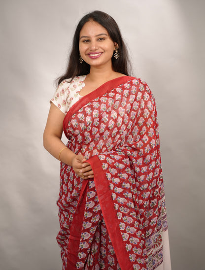 Maroon Georgette Hand Block Printed Saree| Looms & Tassels