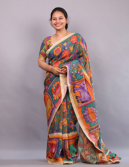 Sea Green Hand Painted Pen Kalamkari Bangalore Silk Saree with Sungdi Borders