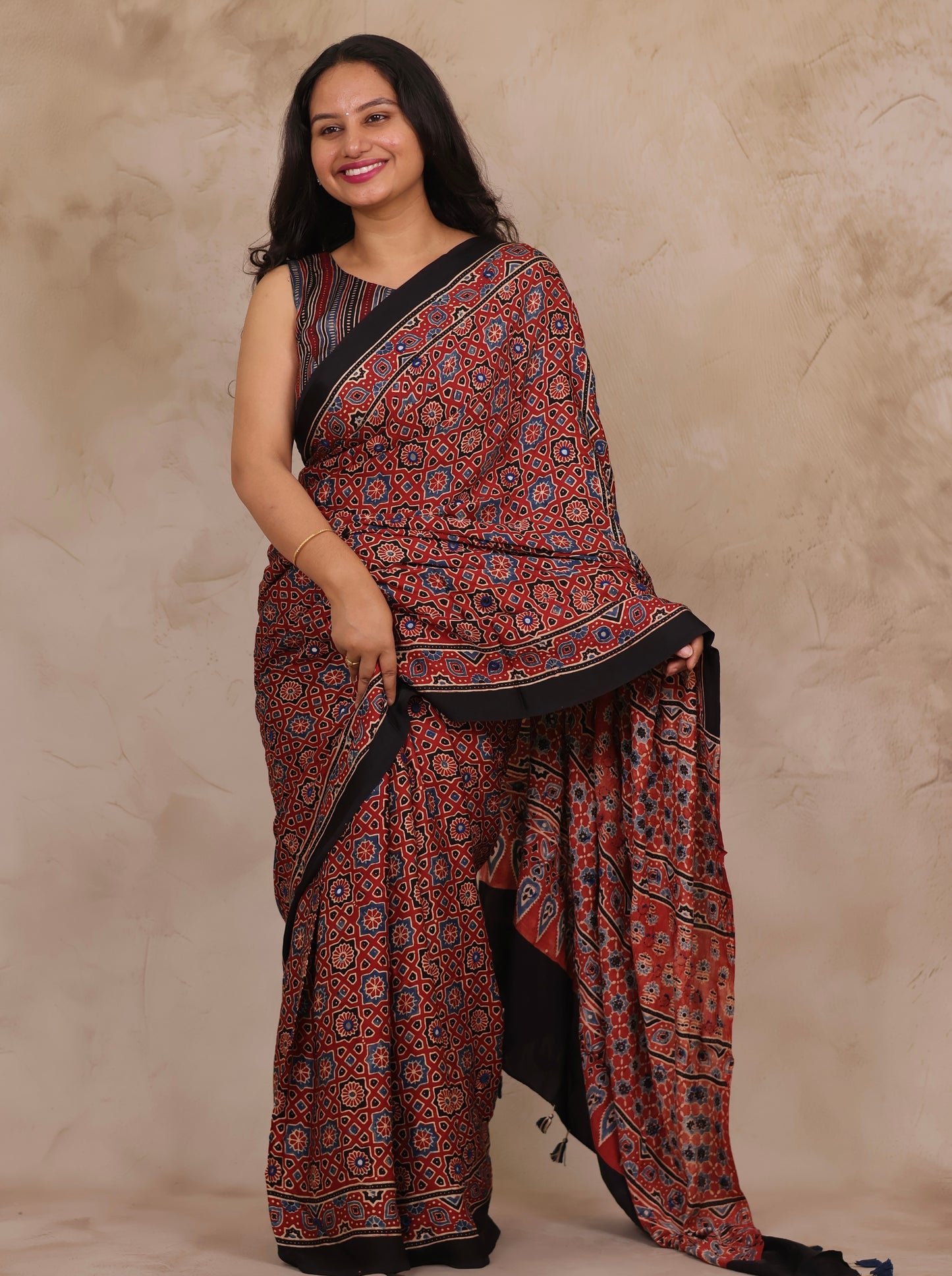 Red Handcrafted Ajrakh Modal Silk Saree with Authentic Banjara Mirror Work | Looms & Tassels