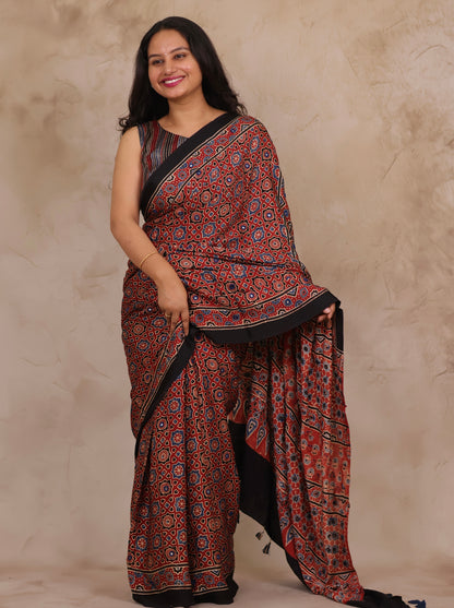 Red Handcrafted Ajrakh Modal Silk Saree with Authentic Banjara Mirror Work | Looms & Tassels
