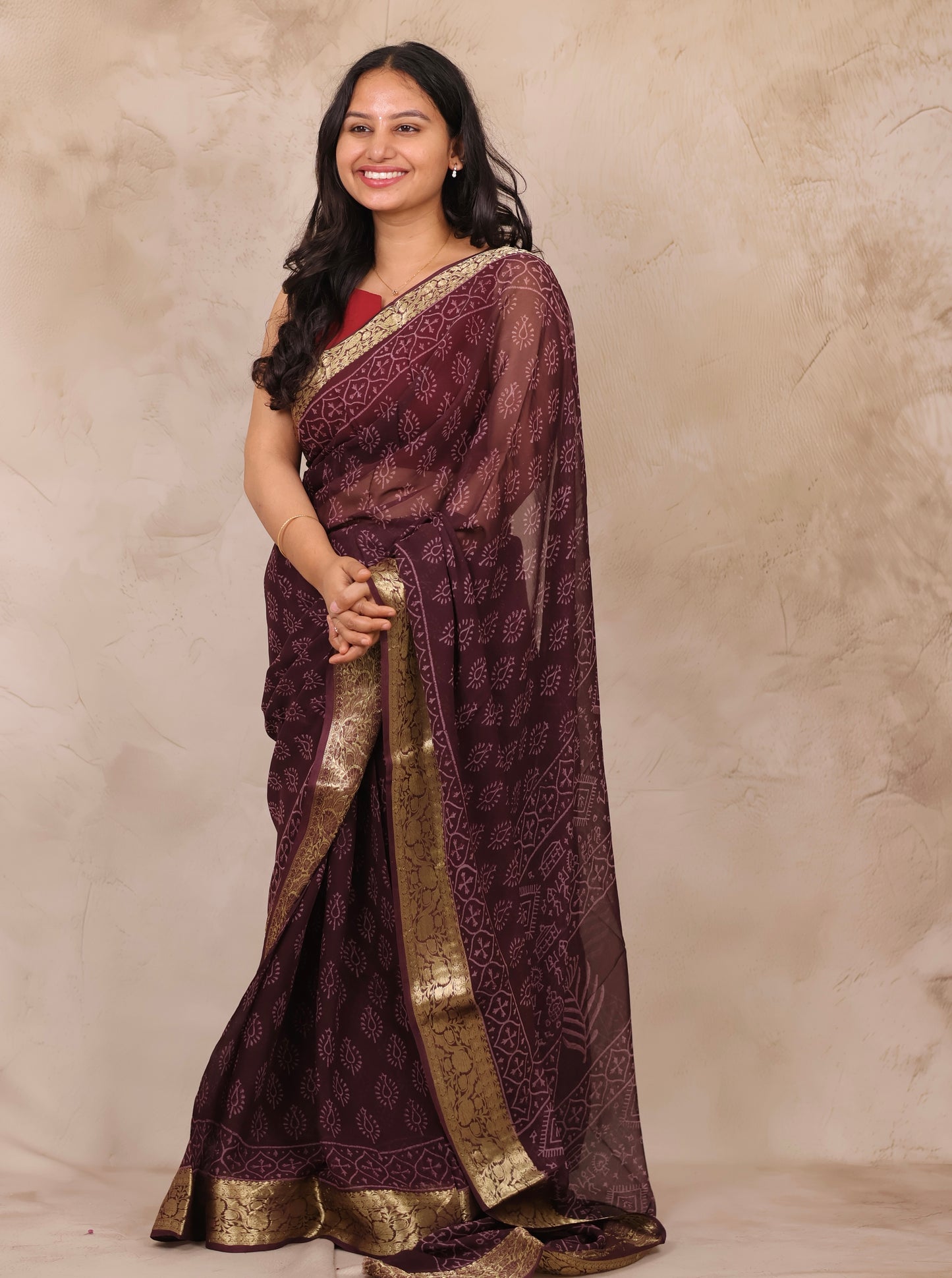 Coffee Brown Chiffon Hand Block Printed Saree with Jari Border | Looms & Tassels