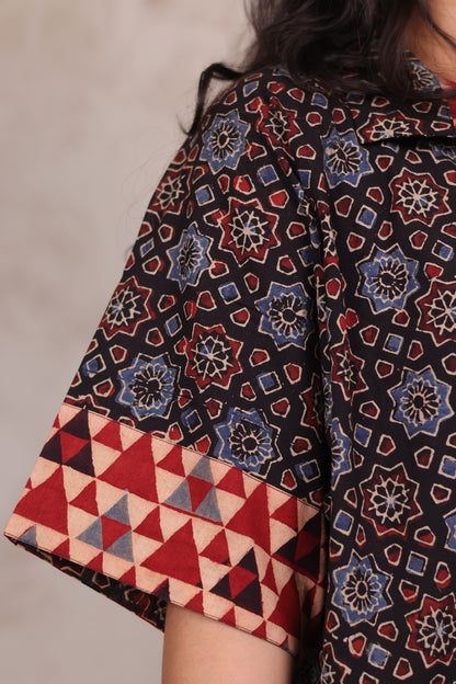 Black Ajrakh Handblock Printed Cotton Kaftan shirt dress – Elegant & Breathable Ethnic Wear | Looms & Tassels