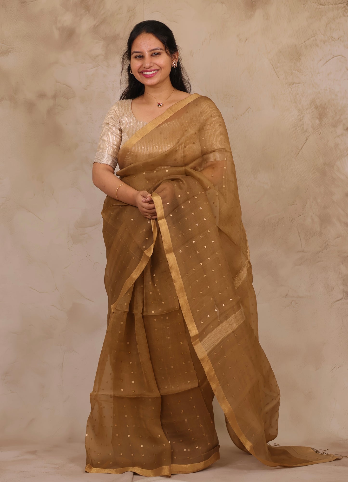 Mustard Brown Handwoven Muslin Silk Saree With Sequence Work | Looms & Tassels