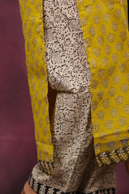Yellow Handblock printed kota 3 piece suit (stitched)
