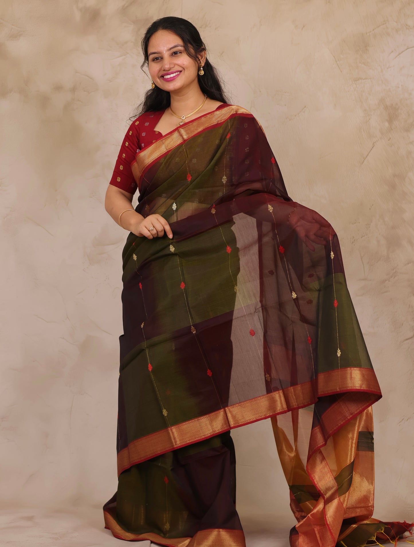 Wine & Green Handloom Maheswari Silk Cotton Sarees | Looms & Tassels