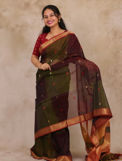 Wine & Green Handloom Maheswari Silk Cotton Sarees | Looms & Tassels