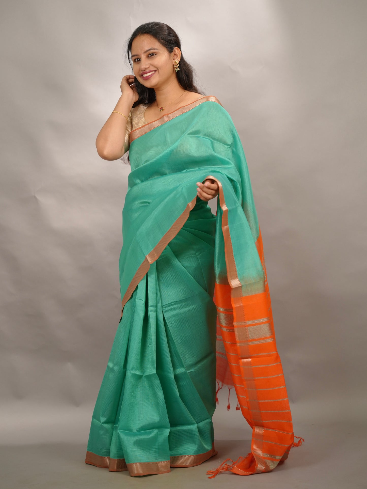 Sea Green & Orange Handloom Mangalagiri Silk Saree| Looms & Tassels