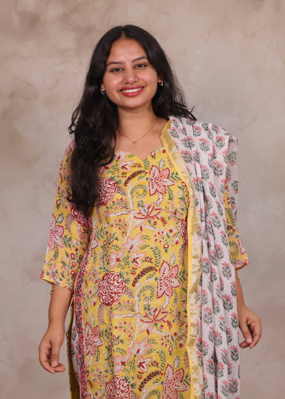 Yellow Linen Cotton Handblock printed 3 piece suit (stitched)