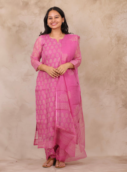 Pastel Pink Bagru Handblock printed kota 3 piece suit (stitched)