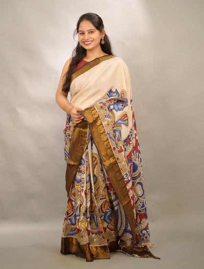 Cream Kanchi border Kalamkari Chennur Silk Saree | Looms & Tassels