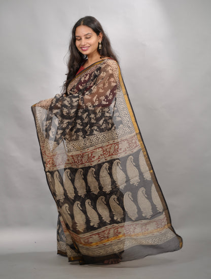 Black Pure Kota Doria Saree with Bagru Handblock Prints | Looms & Tassels