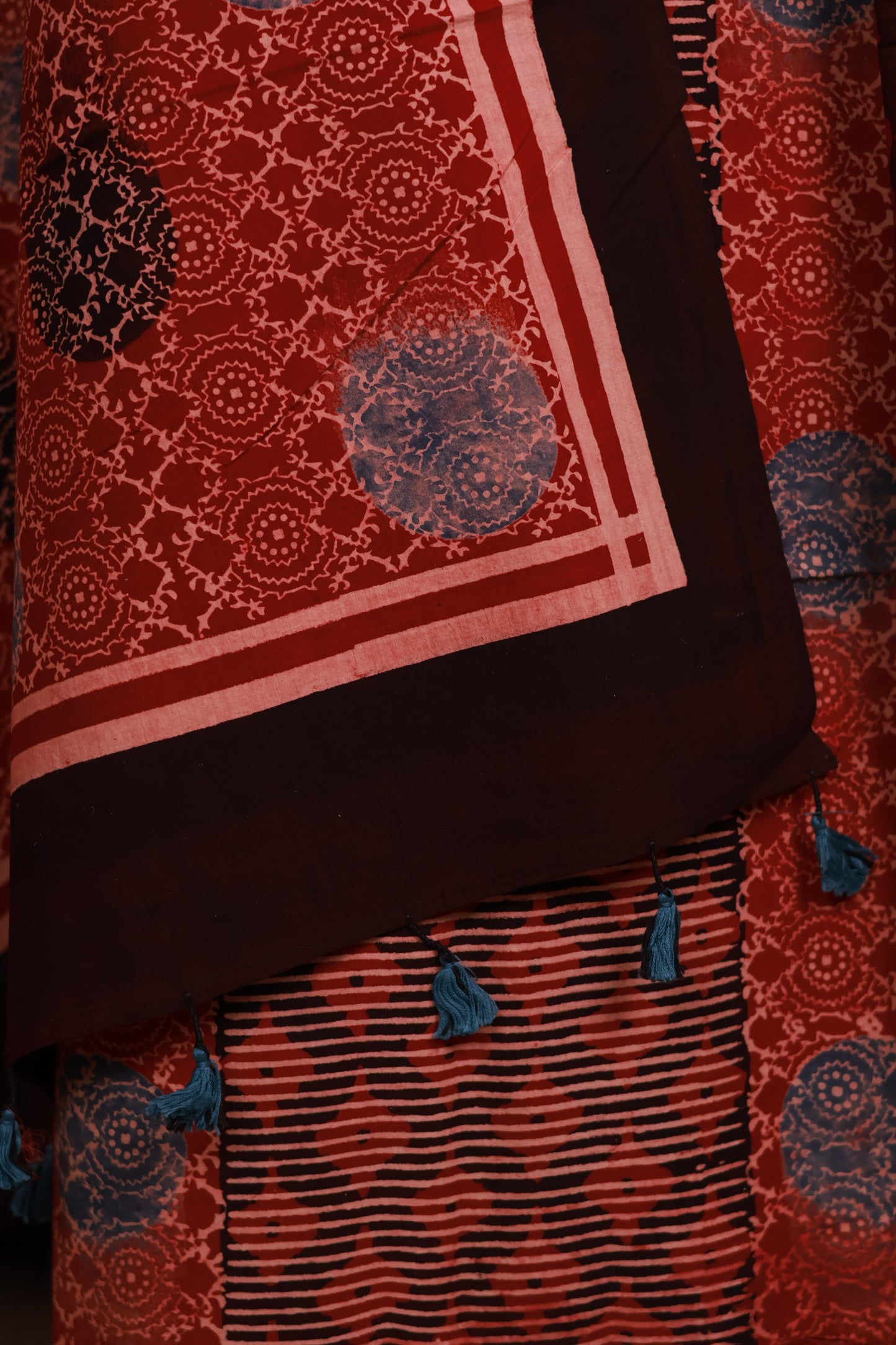 Maroon Ajrakh Handblock Printed Pure Cotton 3 piece suit set | Looms & Tassels