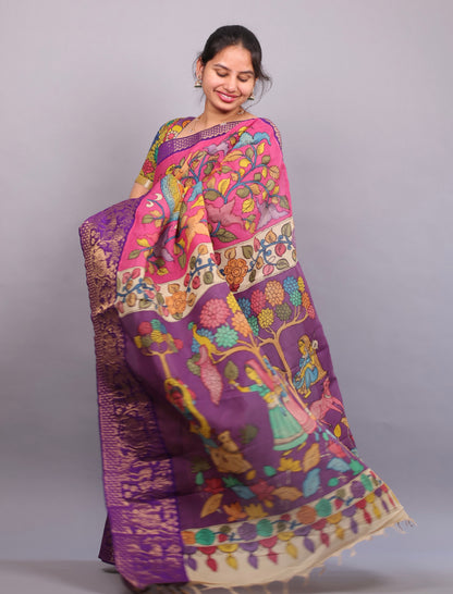 Pink Hand Painted Pen Kalamkari Silk Saree