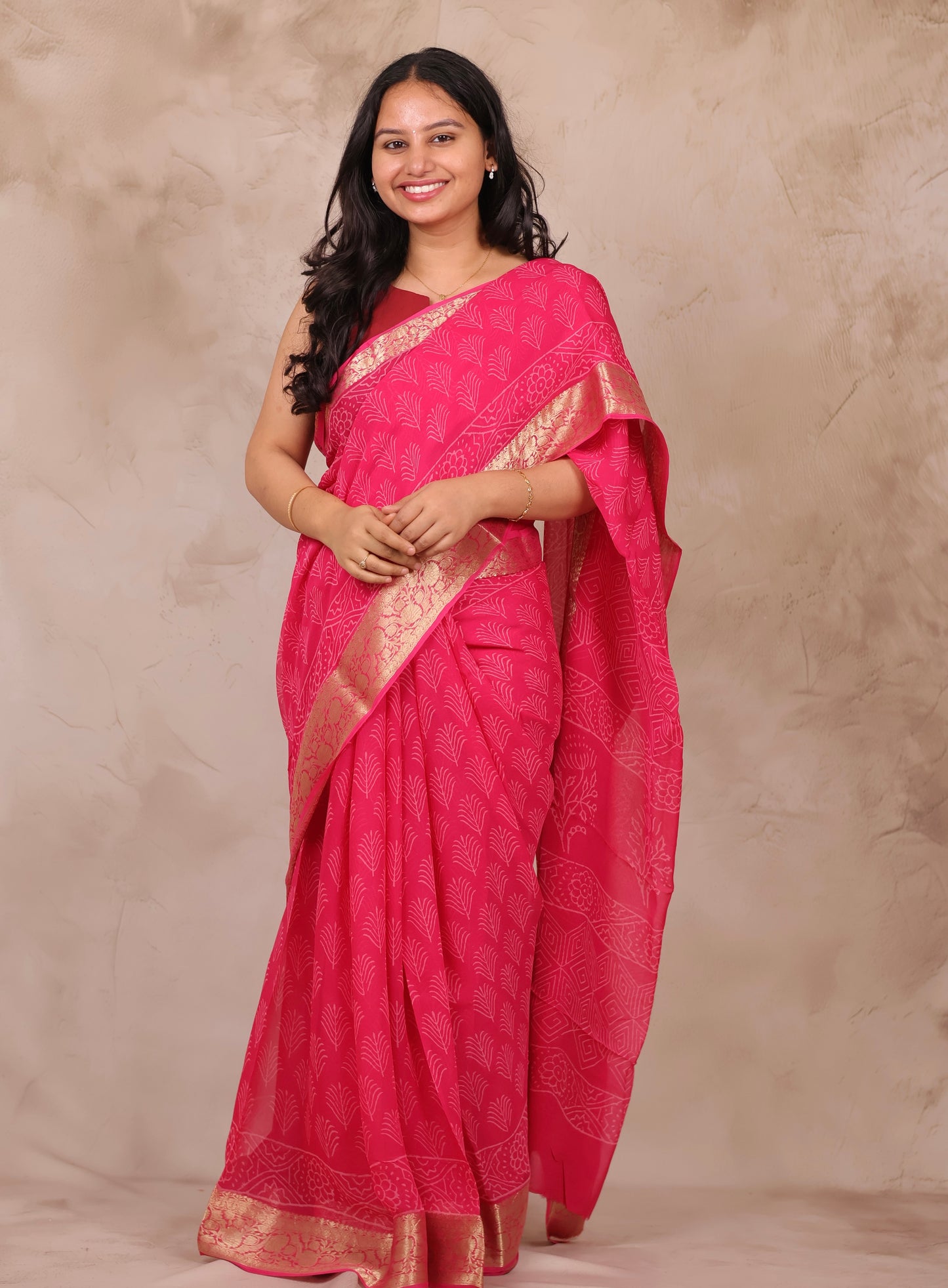 Pink Chiffon Hand Block Printed Saree with Jari Border | Looms & Tassels