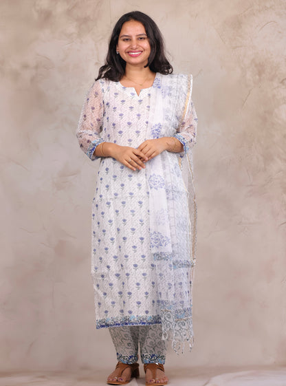 White Sangneri Handblock printed kota 3 piece suit (stitched)
