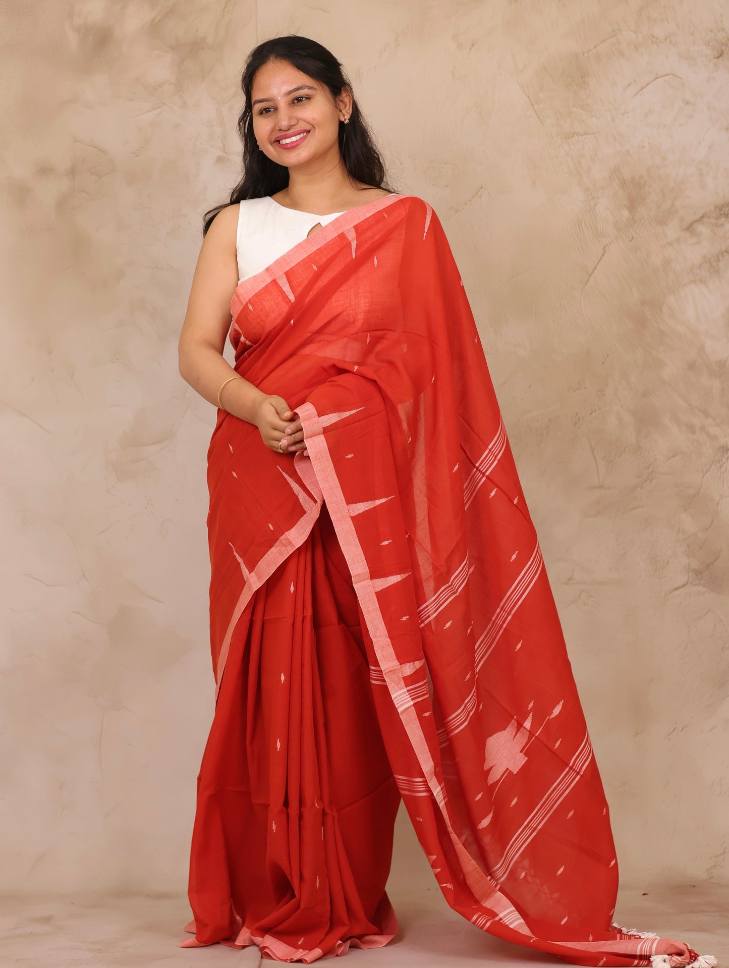 Orange Handwoven Malai Cotton Saree| Looms & Tassels