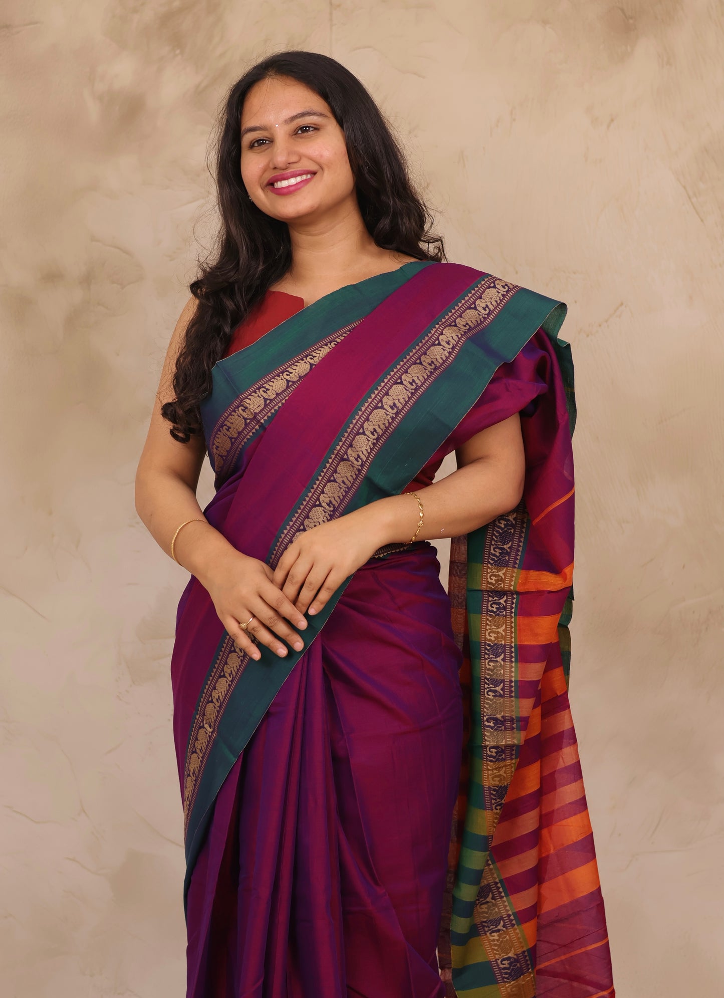 Magenta Narayanpet Cotton Saree with Elephant Border | Looms & Tassels