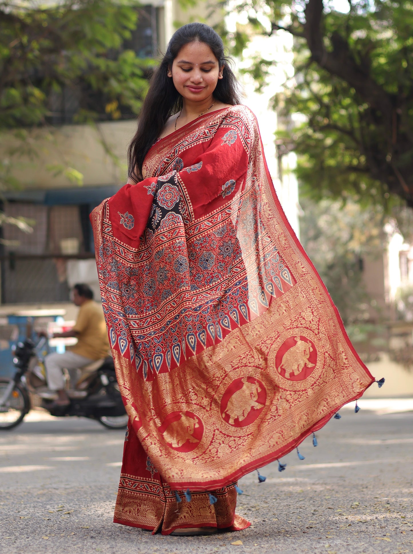 Red & Black Authentic Ajrakh Handblock Printed Dola Silk Saree | Looms & Tassels