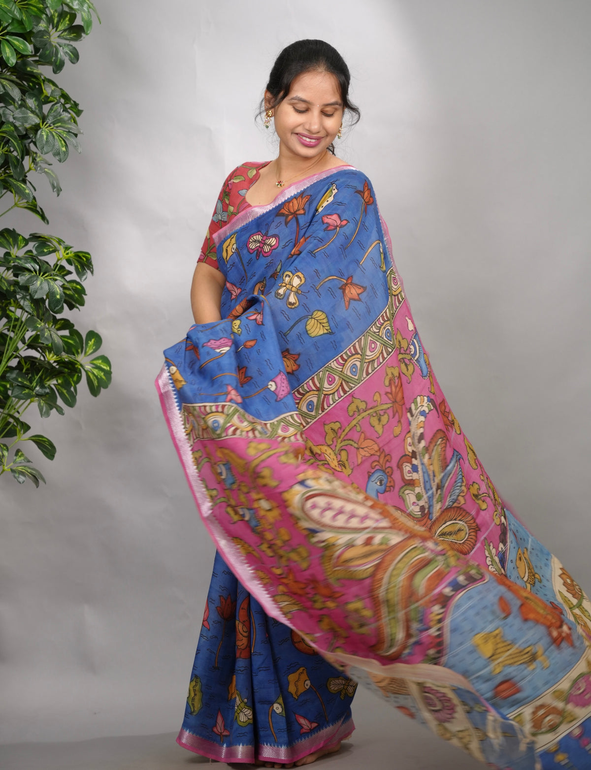 Blue Hand Drawn Pen Mangalagiri Silk Saree | Looms & Tassels