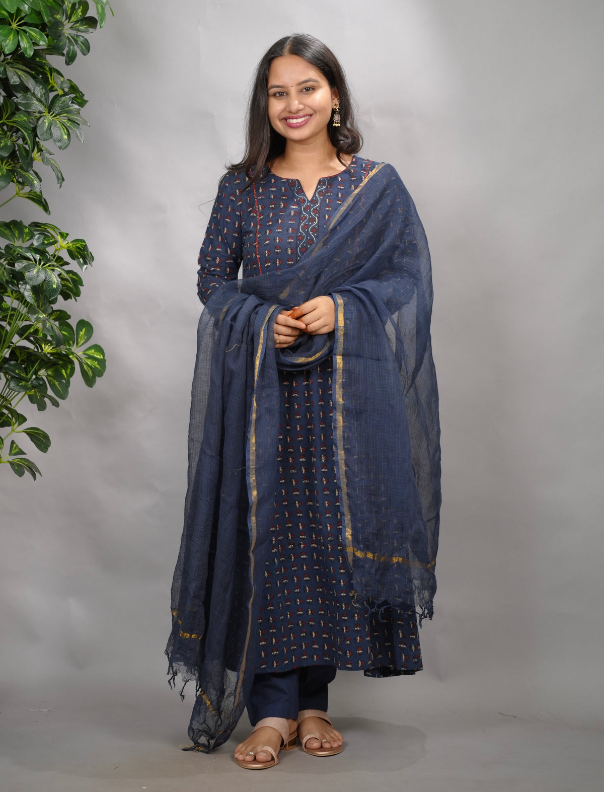 Indigo Ajrakh Handblock Printed Kali Kurta with Chudi Sleeves