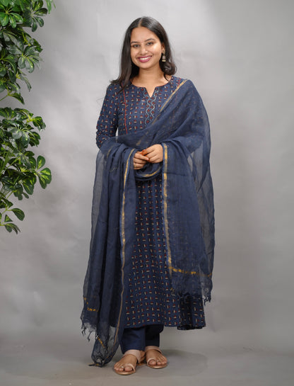 Indigo Ajrakh Handblock Printed Kali Kurta with Chudi Sleeves