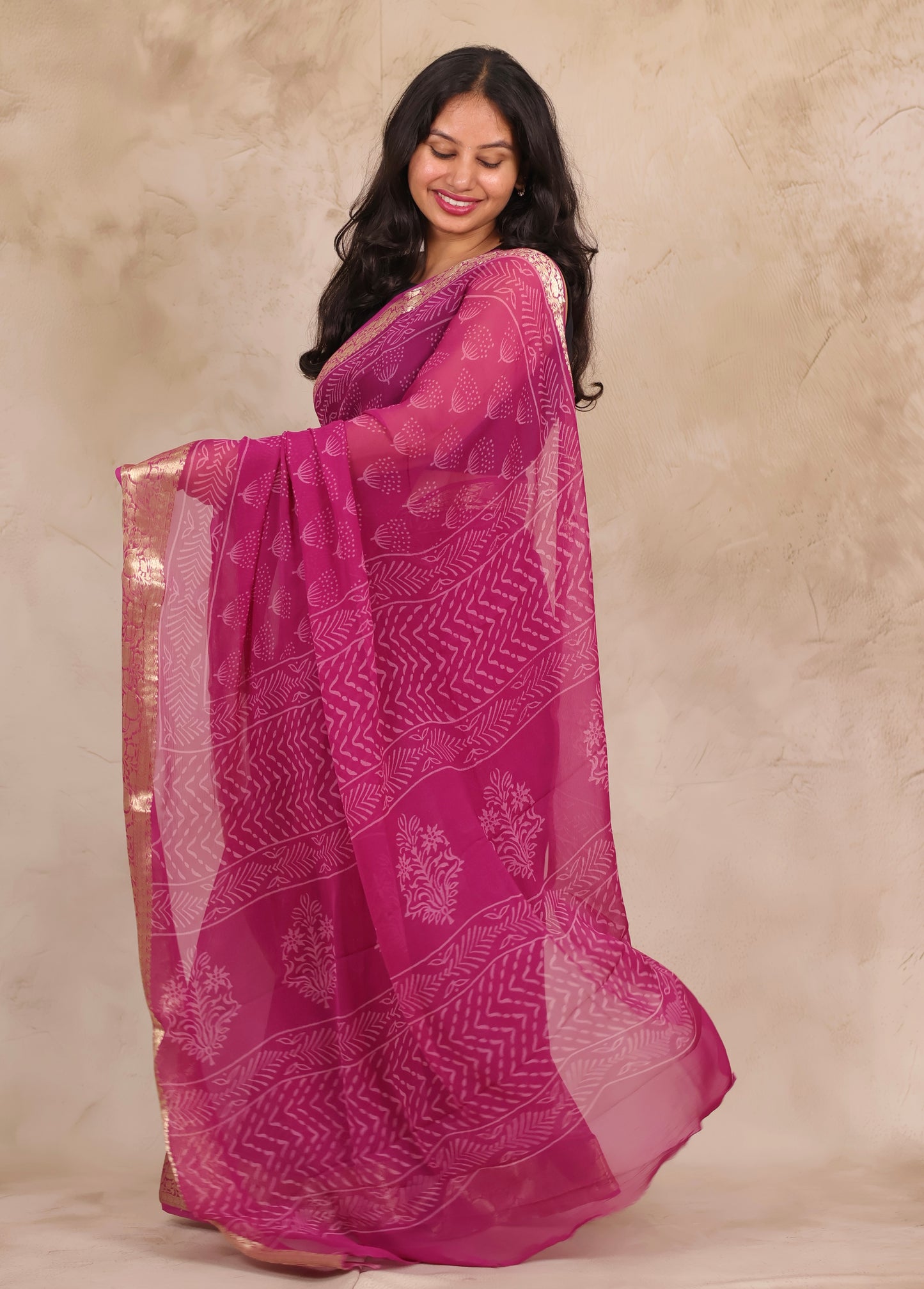 Magenta Pink Chiffon Hand Block Printed Saree with Jari Border | Looms & Tassels