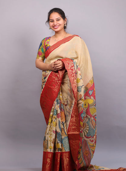 Cream Hand Painted Pen Kalamkari Silk Saree
