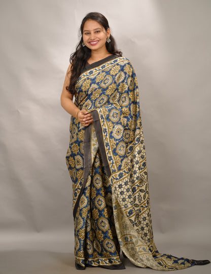 Cream & Blue Badam Butta Authentic Ajrakh Handblock Printed Modal Silk Saree | Looms & Tassels