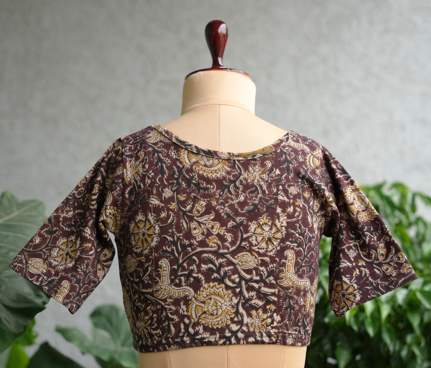 Brown Round Neck Stretchable Hand block printed kalamkari blouse