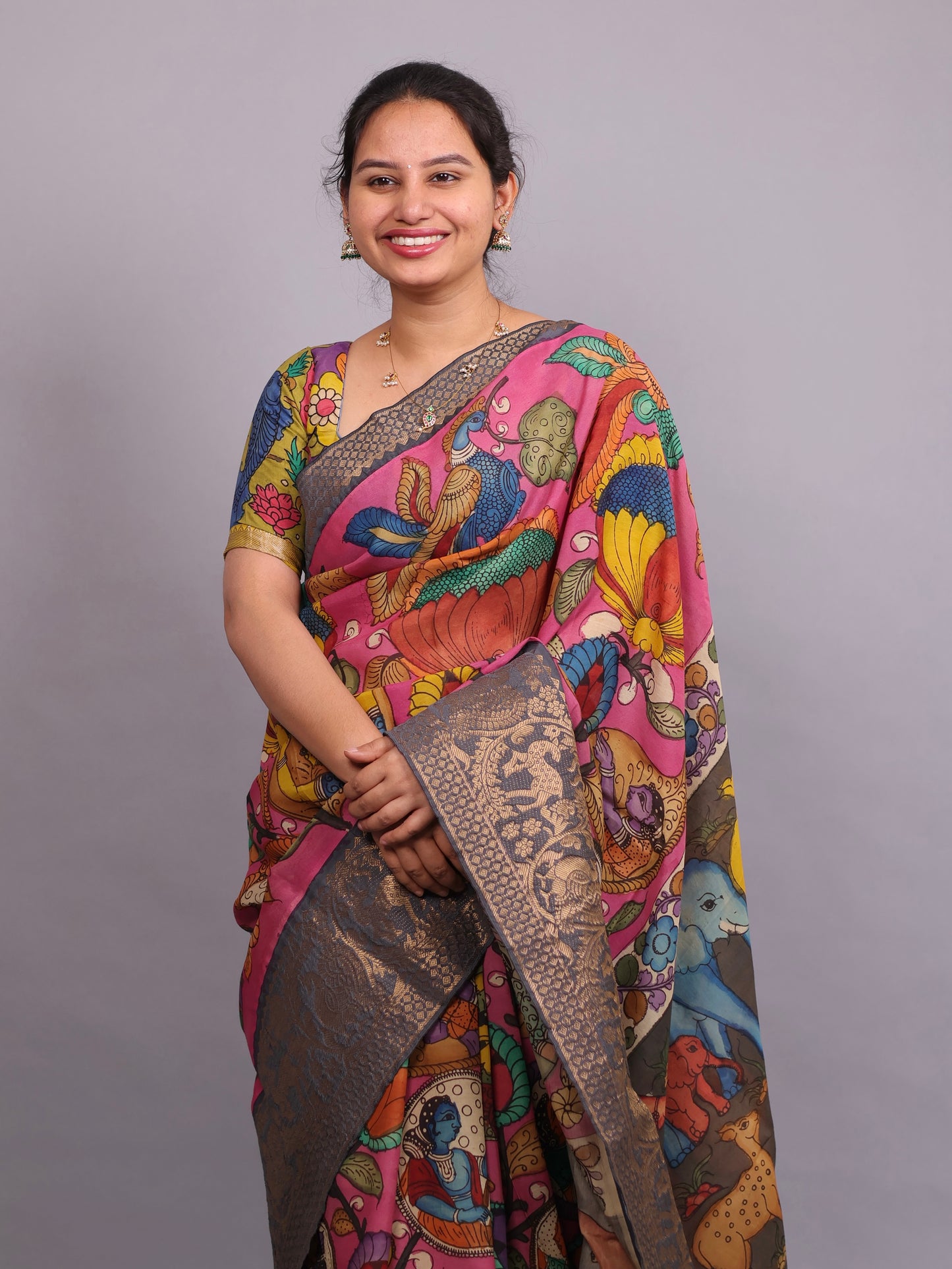 Pink Hand Drawn Pen Kalamkari Uppada Silk Kuppadam Border Saree | Looms & Tassels