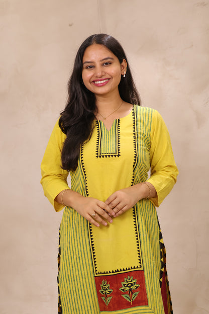 Yellow Pattern Ajrakh Hand Block Cotton printed Kurti | Looms & Tassels