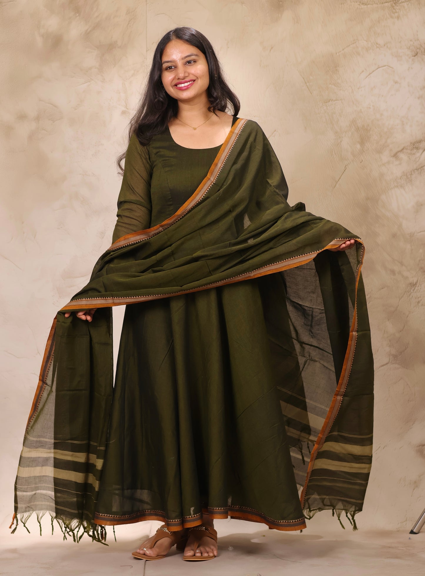 Mehendi Green Narayanpet Cotton Anarkali Dress with Narayanpet Dupatta – Looms & Tassels