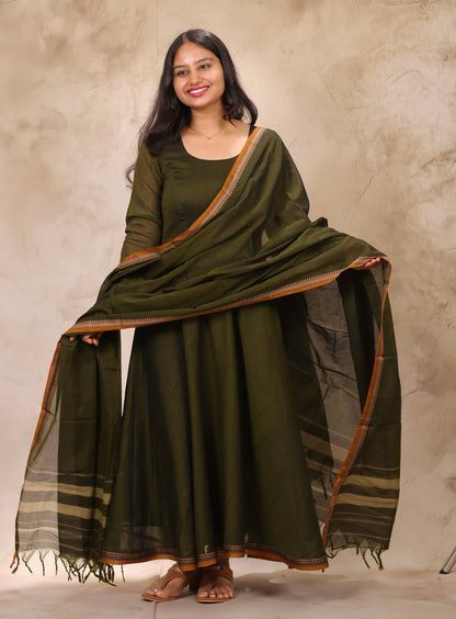 Mehendi Green Narayanpet Cotton Anarkali Dress with Narayanpet Dupatta | Looms & Tassels
