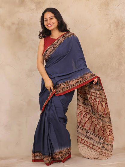 Blue Hand Block Printed Kalamkari Cotton Saree | Looms & Tassels