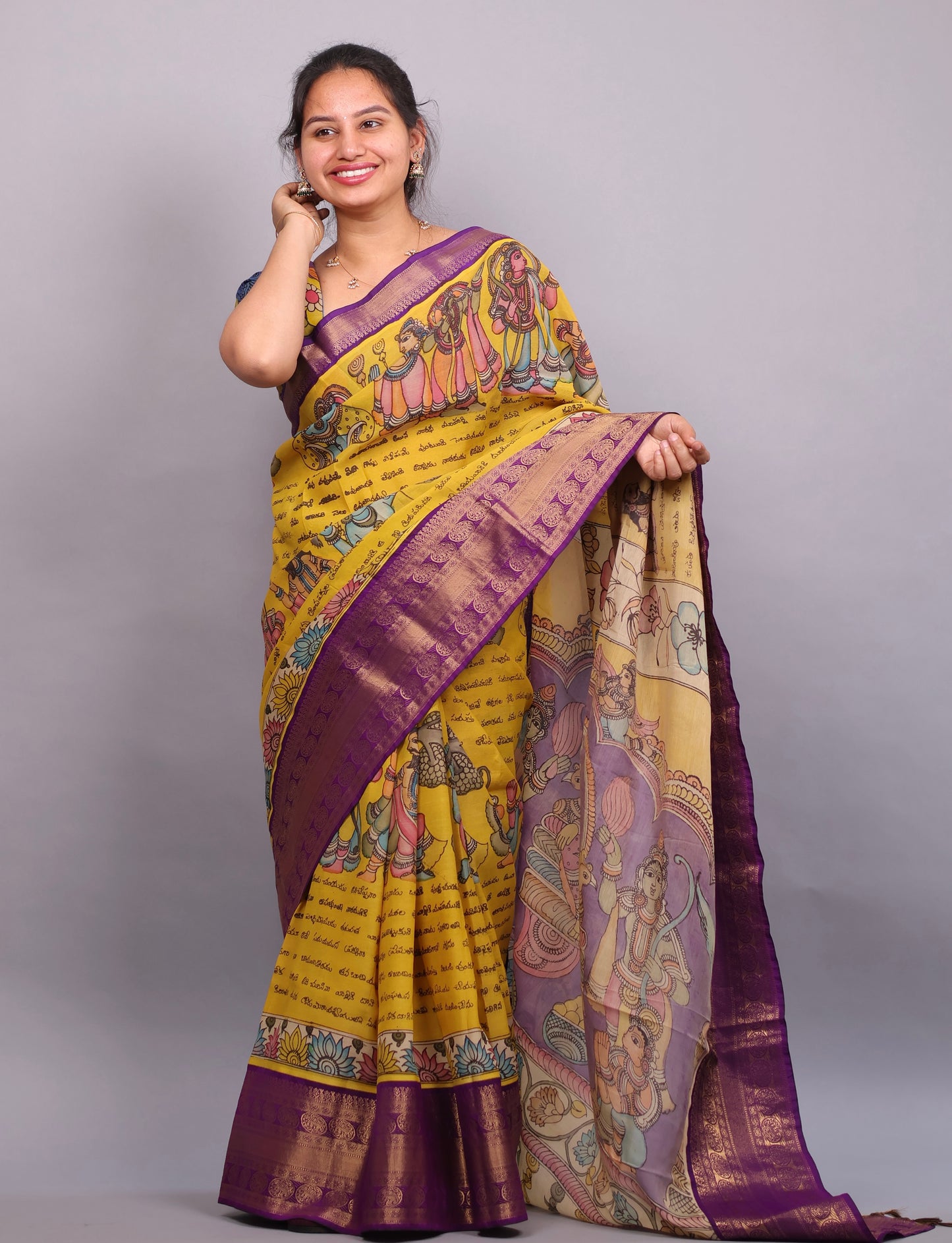 Yellow Hand Painted Pen Kalamkari Silk Saree
