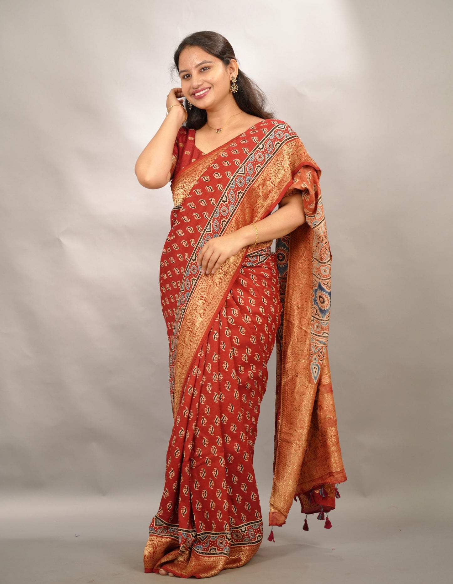 Red Butta Ajrakh Handblock printed Dola Silk Saree | Looms & Tassels